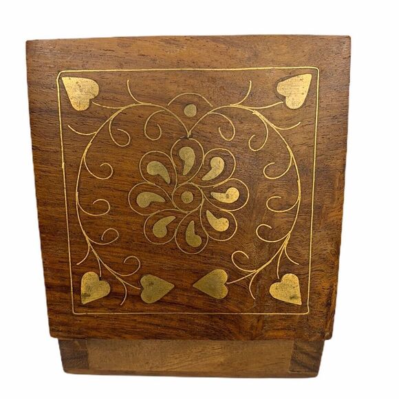 Archana Crafts Wooden Trinket Jewelry Box Gold Design Hinged Top India Hearts - Picture 2 of 12